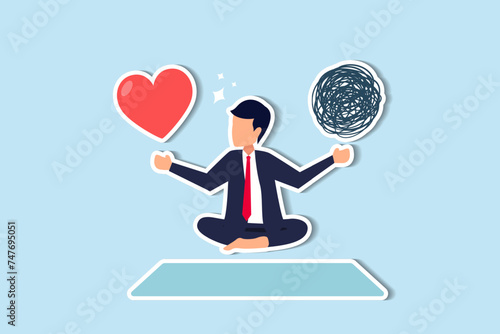 Balancing work focus and mental health for stress management, emphasizing work-life balance, meditation, and relaxation businessman meditate floating balancing messy chaos and work passion heart shape