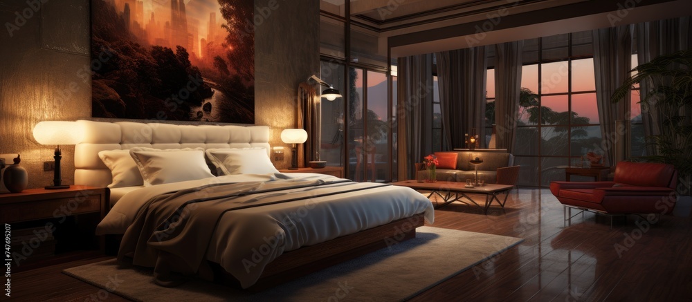 A hotel bedroom featuring a large painting hanging on the wall, adding a focal point to the room. The spacious and well-appointed bedroom is elegantly designed with modern furnishings.