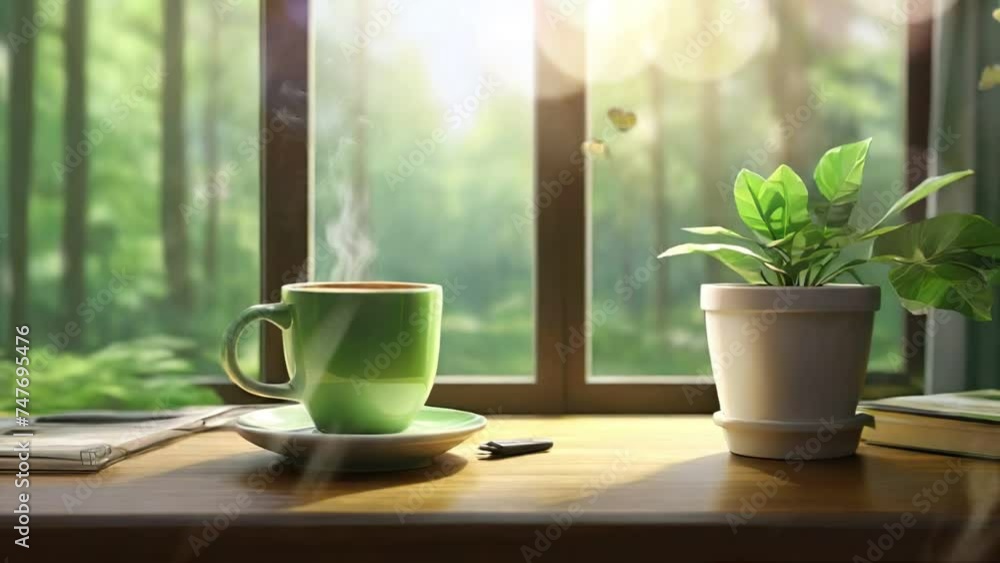 Animated illustration a green cup of coffee on the table at morning. Background motion, seamless animated background. Animated illustration a green cup of coffee on the table at morning. Background motion, seamless animated background.