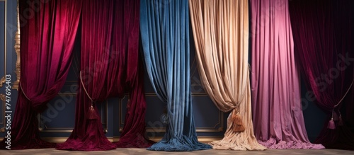 A row of luxury silk velvet curtains in various colors hang elegantly in a room, creating a vibrant and diverse window treatment.