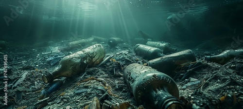 Pile of glass bottles trash on underwater deep ocean. Environment waste polluted damage. Generative AI technology.