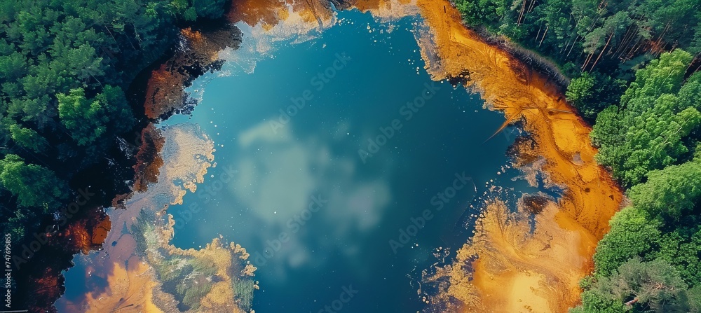 Fototapeta premium Contaminated lake with chemical liquid from toxic waste factory industry. Generative AI technology.