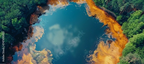 Contaminated lake with chemical liquid from toxic waste factory industry. Generative AI technology.