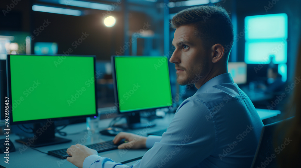 Focused Male Employee Typing on Keyboard with Dual Green Screen Monitors at Workstation