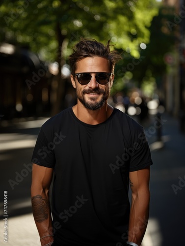 man wearing black t-shirt outdoor on street at day. Mockup with copy space