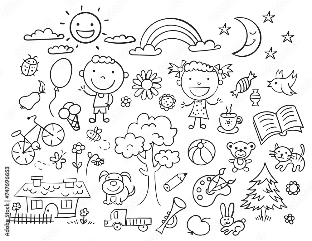 Set of doodle child life, black and white outline