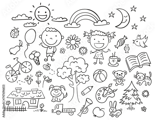 Set of doodle child life  black and white outline