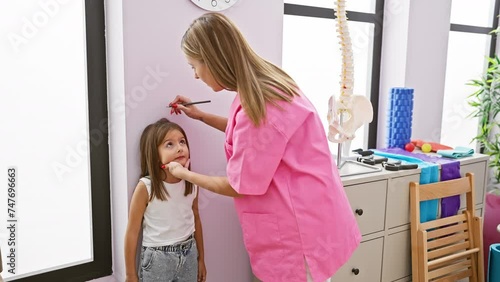 A pediatrician in a pink coat examines a young girl in a well-equipped clinic's examination room. photo