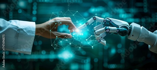 Human scientist and robot hands touch with glowing digital network technology element. Science and artificial intelligence concept. Generative AI technology.