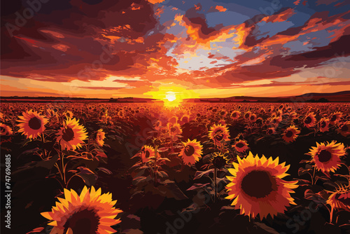 field of sunflowers and sun in the blue sky