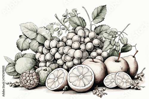 Set of grapes, pomegranate, avocado, apple and lemon fruits. Vector hand drawn illustration.