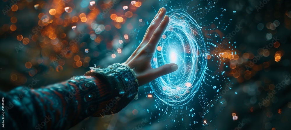 Hand with spell magic. Generative AI technology. - obrazy, fototapety, plakaty 