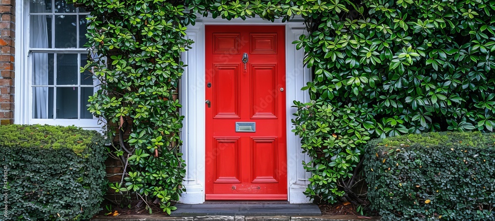 Red house door with greenery on facade wall. Generative AI technology. Red house door with greenery on facade wall. Generative AI technology.