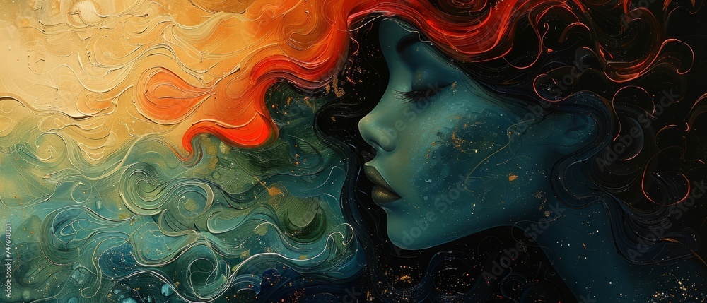 Abstract colorful oil painting of woman face in profile Abstract colorful oil painting of woman face in profile