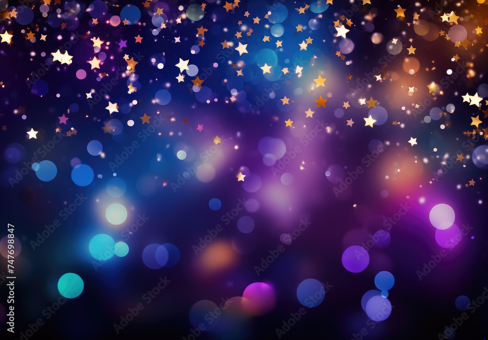 Blue, black, purple and gold abstract glitter bokeh vintage lights background. Holiday texture confetti celebration wallpaper. Blue, black, purple and gold abstract glitter bokeh vintage lights background. Holiday texture confetti celebration wallpaper.