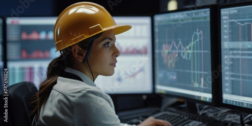 female engineer sitting at a desk in a control room, Women engineer operator Using Scada system modern technology. Engineers follow assembly process watching various graphs and charts on the monitors