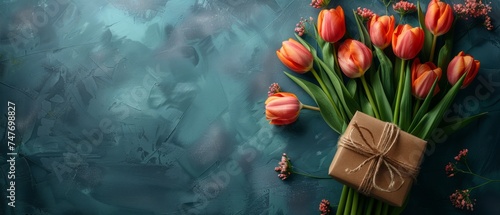 Tulips and gift box on a flat lay, top view, with copy space. Spring-themed postcard or banner for International Women's Day and Mother's Day