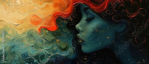 Abstract colorful oil painting of woman face in profile