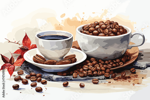 Coffee in a ceramic cup, a mill for coffee and coffee grain in a sack, still life