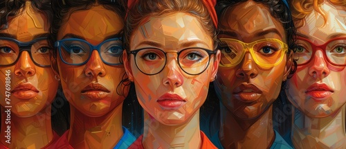 Oil painting-style collage depicting five women's faces in glasses of different nationalities and skin colors