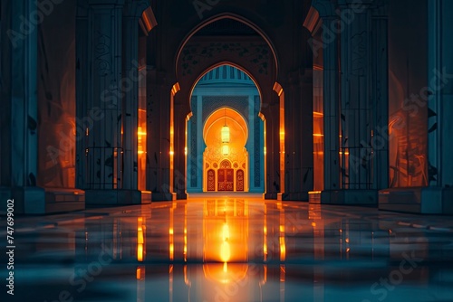 Glowing mosque with night background, copy space - generative ai