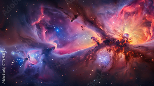 Digital artwork of a colorful space nebula with stars and planets, ideal for astronomy-themed backgrounds.
