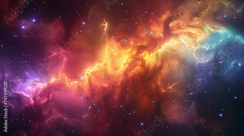 Digital artwork of a colorful space nebula with stars and planets, ideal for astronomy-themed backgrounds.