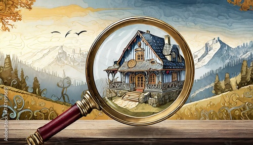 magnifying glass on the roof of house, Real estate to buy and invest in. House searching concept with magnifying glass. Hunt for new house, Searching new house for purchase