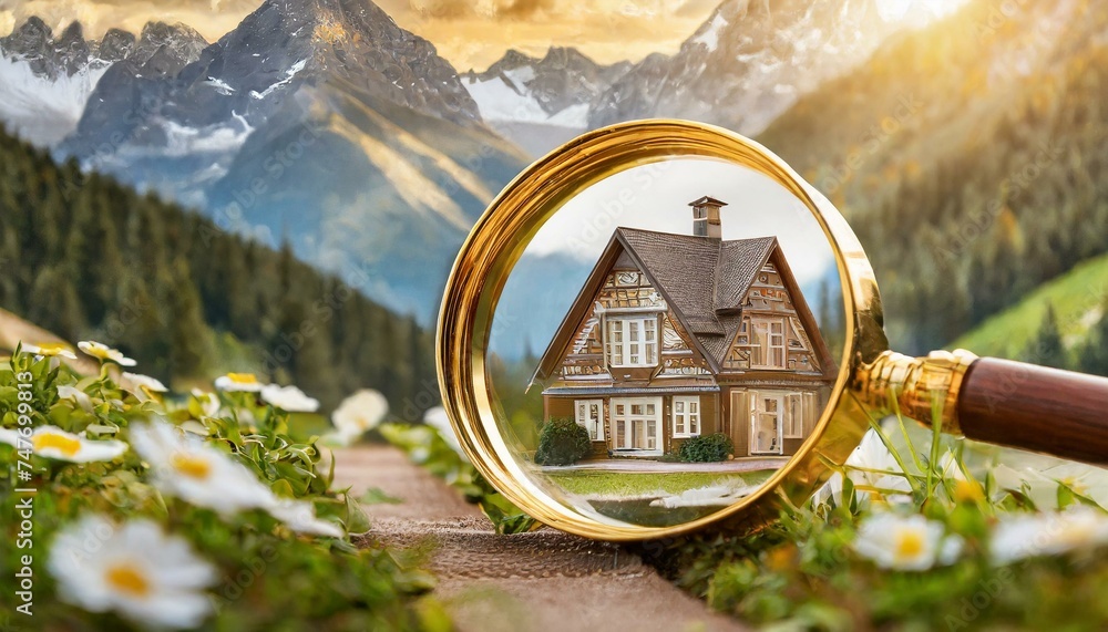 magnifying glass on the roof of house, Real estate to buy and invest in. House searching concept with magnifying glass. Hunt for new house, Searching new house for purchase - obrazy, fototapety, plakaty 