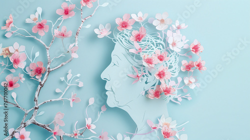 A delicate paper cut-out artwork featuring an elderly woman adorned with pink cherry blossoms in her hair, evoking serenity and harmony.