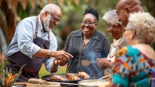 a group of black seniors joyfully grilling outdoors  highlighted by textural layers and lively expressions.