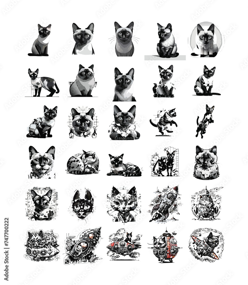 Siamese cat black and white icons set