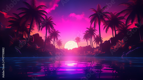 Sunset on the beach with neon color style look, Illustration.