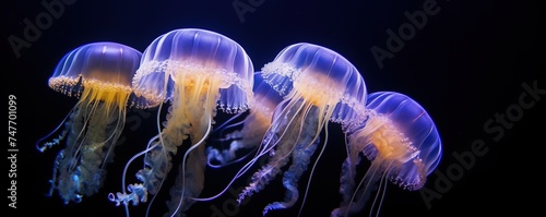Beautiful glowing jellyfish on dark background sea