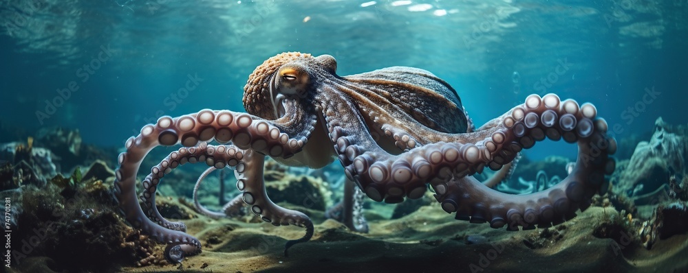 Fototapeta premium Giant octopus swimming in the clear ocean water