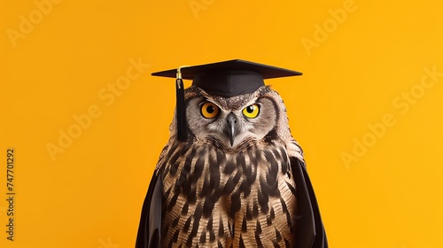 Happy owl wearing a graduation cap on yellow background