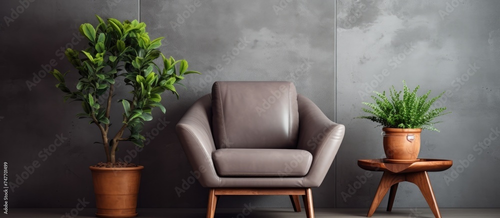 A stylish interior featuring a gray textured plaster wall with a panel of untreated wood. In the foreground, a comfortable leather armchair is placed next to a potted ornamental plant,