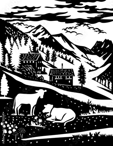 Swiss scherenschnitt or scissors cut illustration of silhouette of Binntal Nature Park with chalet, cow in Upper Valais village of Binn, Ernen, Grengiols, Bister Switzerland in paper cut decoupage.