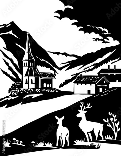 Swiss scherenschnitte or scissors cut illustration of silhouette of deer in Beverin Nature Park in the canton of Grisons, Switzerland in paper cut or decoupage.
