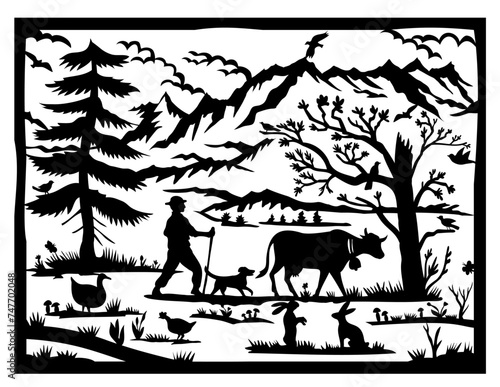 Swiss scherenschnitte or scissors cut illustration of silhouette of Swiss alps with fir tree and farmer, cow, dog, rabbit, goose, butterfly, mountains and birds done in paper cut decoupage style.