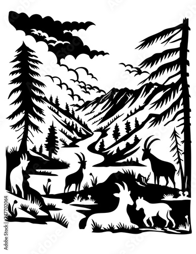 Swiss scherenschnitte scissors cut illustration of silhouette of ibex with Val Trupchun located in Swiss National Park in Western Rhaetian Alps, Switzerland done in paper cut or decoupage style.