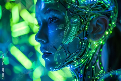 face of female humanoid android Artificial Intelligence mechanical robot be creative Have an understanding of orders It has the most advanced operating system Robot innovations  future green blue tone © Sittipol 