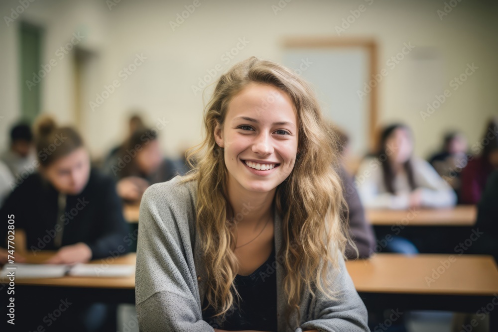 Happy caucasian female student in the college class