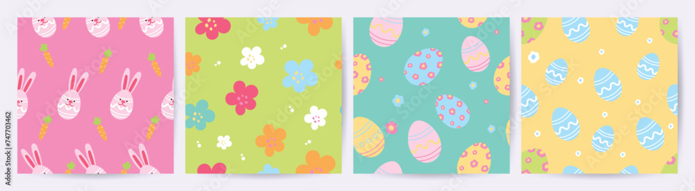 Happy Easter seamless pattern vector. Set of square cover design with easter egg, flower, rabbit. Spring season repeated in fabric pattern for prints, wallpaper, cover, packaging, kids, ads.