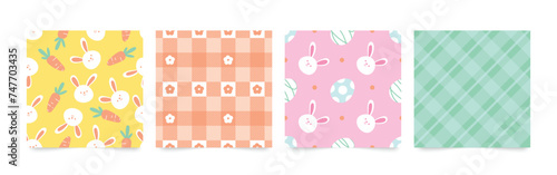Happy Easter seamless pattern vector. Set of square cover design with easter egg, rabbit, flower. Spring season repeated in fabric pattern for prints, wallpaper, cover, packaging, kids, ads.