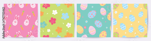 Happy Easter seamless pattern vector. Set of square cover design with easter egg, flower, rabbit. Spring season repeated in fabric pattern for prints, wallpaper, cover, packaging, kids, ads.