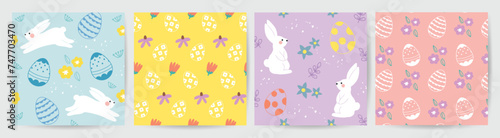 Happy Easter seamless pattern vector. Set of square cover design with easter egg, flower, rabbit. Spring season repeated in fabric pattern for prints, wallpaper, cover, packaging, kids, ads.