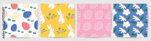 Happy Easter seamless pattern vector. Set of square cover design with easter egg, flower, rabbit. Spring season repeated in fabric pattern for prints, wallpaper, cover, packaging, kids, ads.