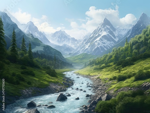 Mountain landscape with a river and high peaks.