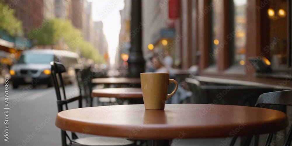 A solitary cup of coffee sits on a wooden table at a street café, embodying the quintessential European café culture. The backdrop of a bustling city street. A solitary cup of coffee sits on a wooden table at a street café, embodying the quintessential European café culture. The backdrop of a bustling city street.